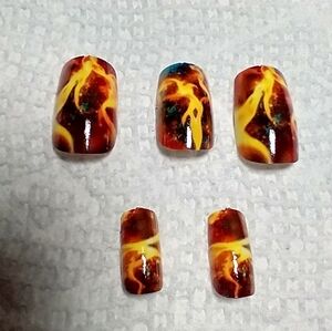 Press on nails fire flame yellow black orange nails set